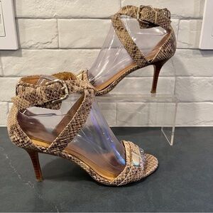 Coach sz 6 Emilia tan snakeprint leather cross strap heeled sandals